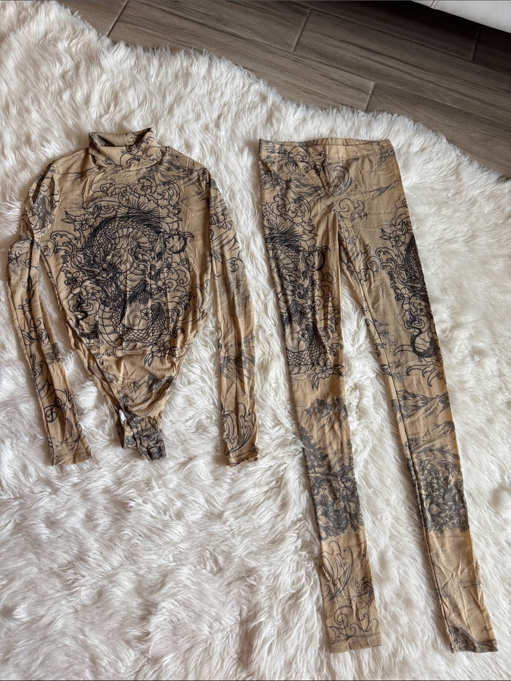 Fashion Nova Beige Dragon-Print Leggings & Bodysuit Set